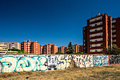 Residential buildings in the El Plantinar neighborhood near Tamarguillo Avenue, showcasing contemporary architecture in Seville, Andalusia, Spain.