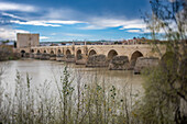 Tilt-Shift-Aufnahme der historischen Puente Romano-Brücke über den Fluss in Cordoba, Andalusien, Spanien. Sie zeigt alte Architektur und eine ruhige Flusslandschaft.