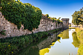 Picturesque view of the historic Guerande wall and its surrounding moat on a sunny day in Brittany, France.