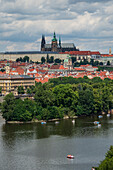 View of the city from the rooftop bar at The Dancing House, or Ginger and Fred (Tancící dum), is the nickname given to the Nationale-Nederlanden building on the Rašínovo nábreží in Prague, Czech Republic