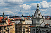 View of the city from the rooftop bar at The Dancing House, or Ginger and Fred (Tancící dum), is the nickname given to the Nationale-Nederlanden building on the Rašínovo nábreží in Prague, Czech Republic