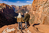 Rückansicht eines älteren Paares mit Blick auf den Zion Canyon vom Zion Overlook aus