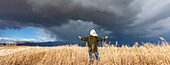 Rear view of woman standing in fall grasses under stormy sky