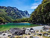 Frau steht am Seeufer im Fiordland-Nationalpark