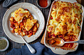 Potato and sausage casserole with vegetables