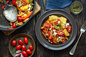 Roast potatoes with vegetables and feta