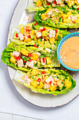 Chicken avocado and mango salad on lettuce leaves