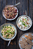 Spreads: Tuna with kidney beans, cottage cheese with radishes, eggs with herbs