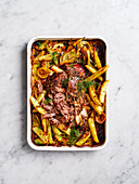 Greek roast lamb with potatoes and fennel