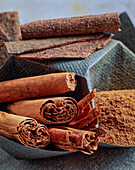 Cinnamon sticks, cinnamon bark and powder