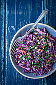 Red cabbage salad with carrots and hazelnuts