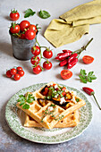 Savoury pecorino waffles with tomato and aubergine vegetables