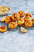 Pizza buns and chicken noodle soup