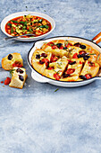 Mashed potato focaccia and red minestrone