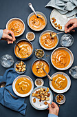 Roasted butternut squash soup with croutons and pumpkin seeds