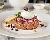 Steak tartare with onion rings and poached egg