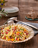 Fennel salad with smoked fish and pomegranate seeds