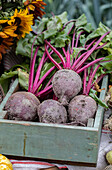 Fresh beetroot in wooden crate