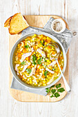 Chicken soup with leek, sweetcorn and noodles