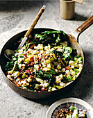 Lentil salad with avocado, feta and fresh vegetables