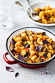 Pasta with aubergines and purple basil