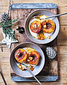 Brown butter peaches with cinnamon yoghurt and honey-nut topping