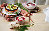 Chilled borscht and Shuba layered salad