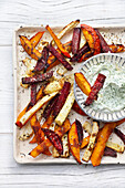 Winter vegetable fries with herb quark dip