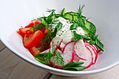 Salat mit Radieschen, Tomaten, Gurken, Sauerrahm und Dill