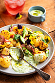 Potato salad with green asparagus and wild garlic dip