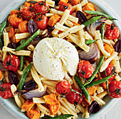 Pasta salad with roasted vegetables and burrata