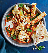 Butter cauliflower with paneer, coriander and naan bread