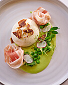 Burrata with pancetta, peas and tarragon