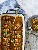Oven baked aubergine rolls with coconut curry paste