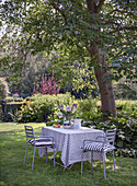 Gedeckter Gartentisch mit karierter Tischdecke unter einem Baum im Sommergarten