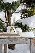 Weihnachtliche Eisdekoration mit Tannenzweigen im winterlichen Garten