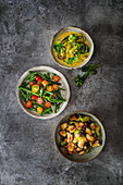 Vegetable curry, bean salad, oven vegetables