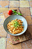 Pasta with baba ganoush rosso and green parmesan