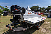 Rear view of a racing boat on land before an F1 Powerboat race in Dique Frontal, Termas de Rio Hondo, Argentina.