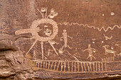 A pre-Hispanic Native American Fremont Culture rock art petroglyph panel by the Rasmussen Cave in Nine Mile Canyon, Utah.