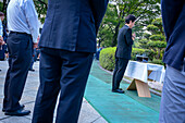 Praying in memory of the victims of the atomic bombing at 8:15 on August 6, in Peace Memorial Park, during the 79th anniversary, Hiroshima, Japan