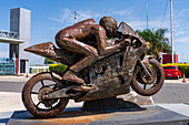 Welded metal sculpture of motorcycle racer Valentino Rossi at the Termas de Rio Hondo Automobile Museum in Argentina.