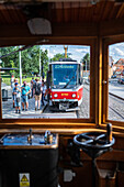 Historic Tram Line 41, restored from 1930, with real tram conductor, Prague