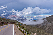 Low clouds in the mountains of the Cuesta de Lipan between Purmamarca and Salinas Grande, Argentina.