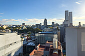 View from hotel rooftop looking northeast across Palermo, Buenos Aires, Argentina. The Mirabilia Palermo apartment towers are at right.