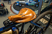 Detail of the leather seat of a vintage BMC motorcycle in the Automobile Museum of Termas de Rio Hondo, Argentina.