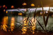 Artistic night shot of the Triana Bridge in Seville, Spain, featuring reeds and vintage bokeh effect captured through a Soviet Helios lens.