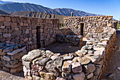 Partially reconstructed ruins in the Pucara of Tilcara, a pre-Hispanic archeological site near Tilcara, Humahuaca Valley, Argentina.