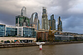 Die Skyline von Puerto Madero über dem Dock 3 in Buenos Aires, Argentinien, mit dem Alvear-Turm, dem höchsten Gebäude Argentiniens. Ebenfalls zu sehen sind die Mulieris-Türme, die El Faro-Türme, das Alvear Icon Hotel und die Le Parc-Türme