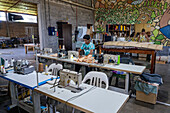 The sewing room for finishing woven products at Hilandería Warmi, a weaving mill in Palpalá, Argentina.